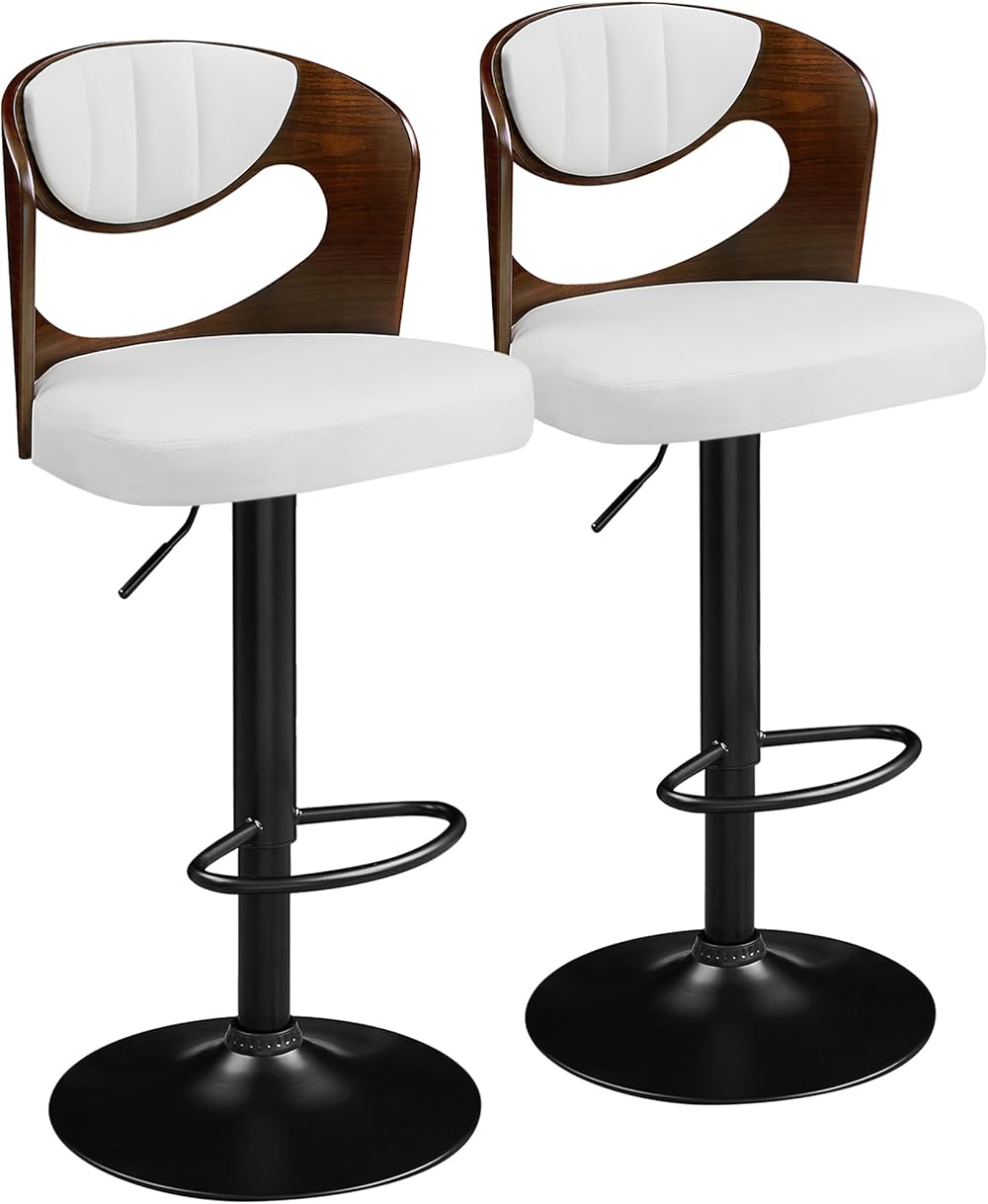 VECELO Bar Stool Set of 2,Counter Height Stools with Bentwood Back,Arm&Footrest, PU Leather Cushion Seat Adjustable Height Swivel Barstools for Club Pub,Kitchen Island and Dining Room,White