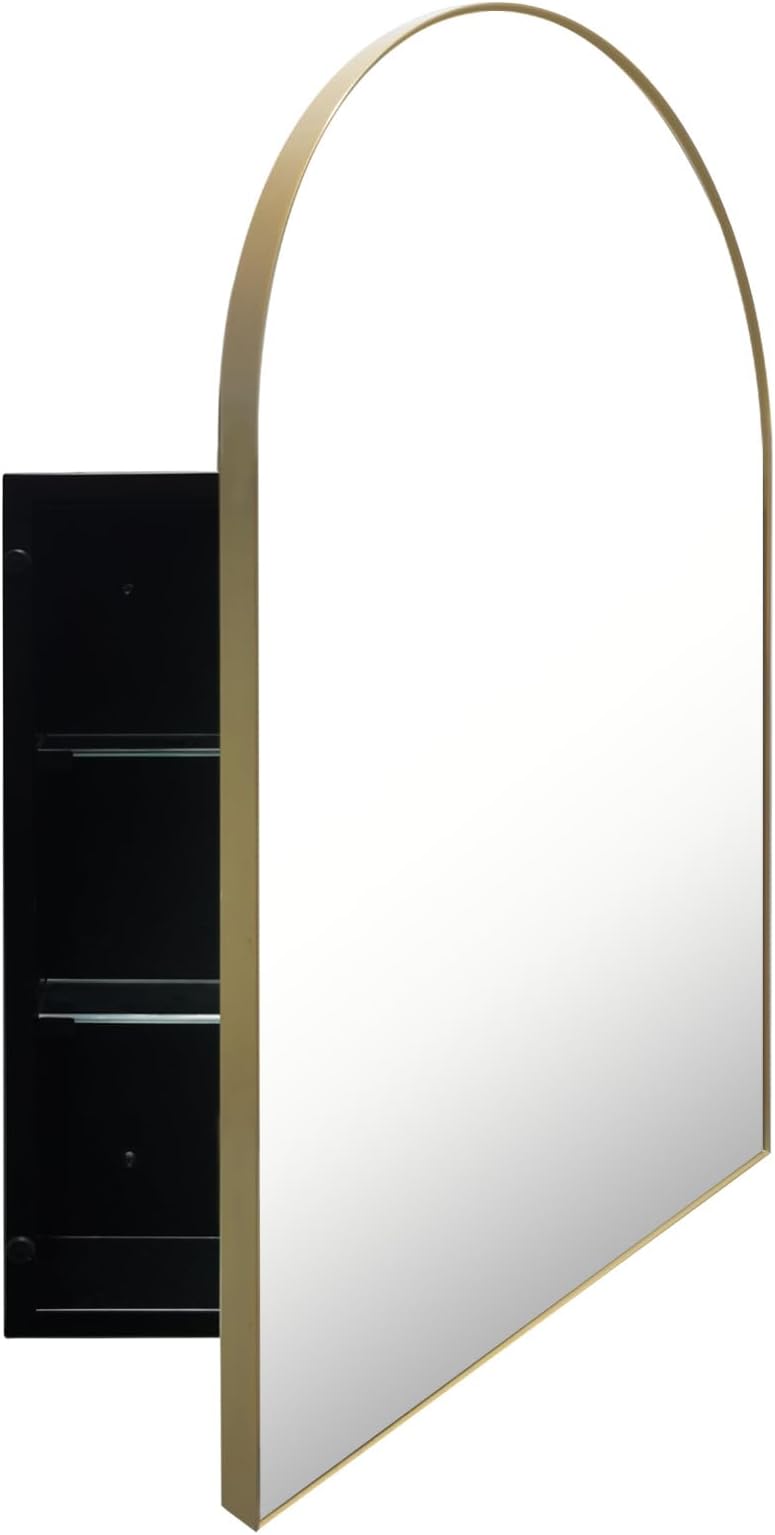 Arched Medicine Cabinet with Mirror,Surface Mounted Farmhouse Gold Frame Bathroom Medicine cabinets with 20 ×30 inch Bathroom Vanity Mirror