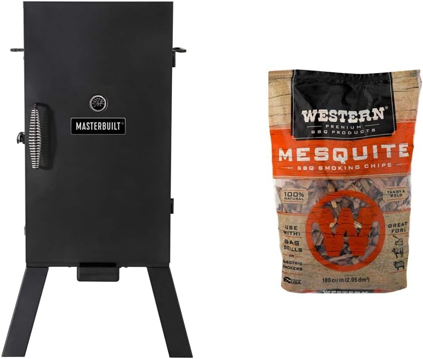 Masterbuilt MB20070210 Analog Electric Smoker with 3 Smoking Racks, 30 inch, Black & Western Premium BBQ Smoking Chips, Mesquite BBQ