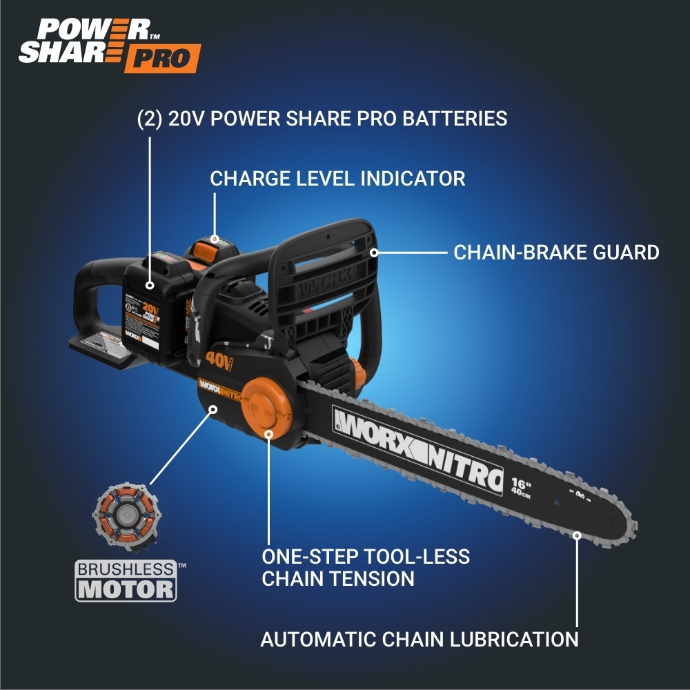WORX NITRO POWER SHARE 40-volt 16-in Brushless Battery 4 Ah Chainsaw (Battery and Charger Included)