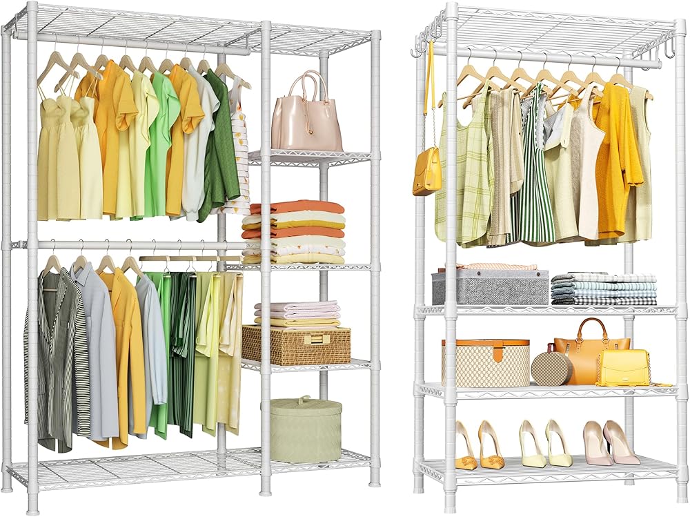 Ulif F2 and Portable Garment Rack White Bundle, Clothes Rack, and Closet Storage System with Shelves and Expandable Hanger Rods, Freestanding Clothing Rack