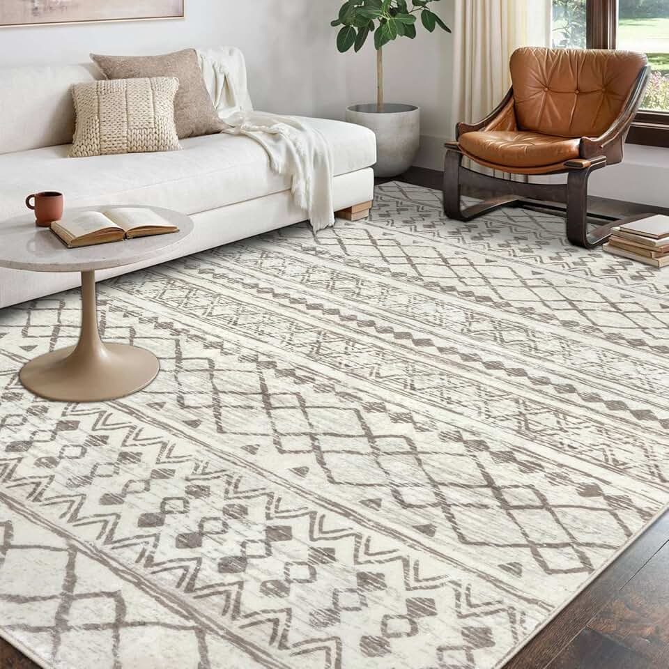KUTA 9x12 Area Rugs for Living Room Beige, Moroccan Washable Rug Large Boho Rugs Non Slip, Ultra Soft Print Distressed Geometric Entry Rug Low-Pile Throw Rug Carpet for Bedroom Nursery Dorm Decor