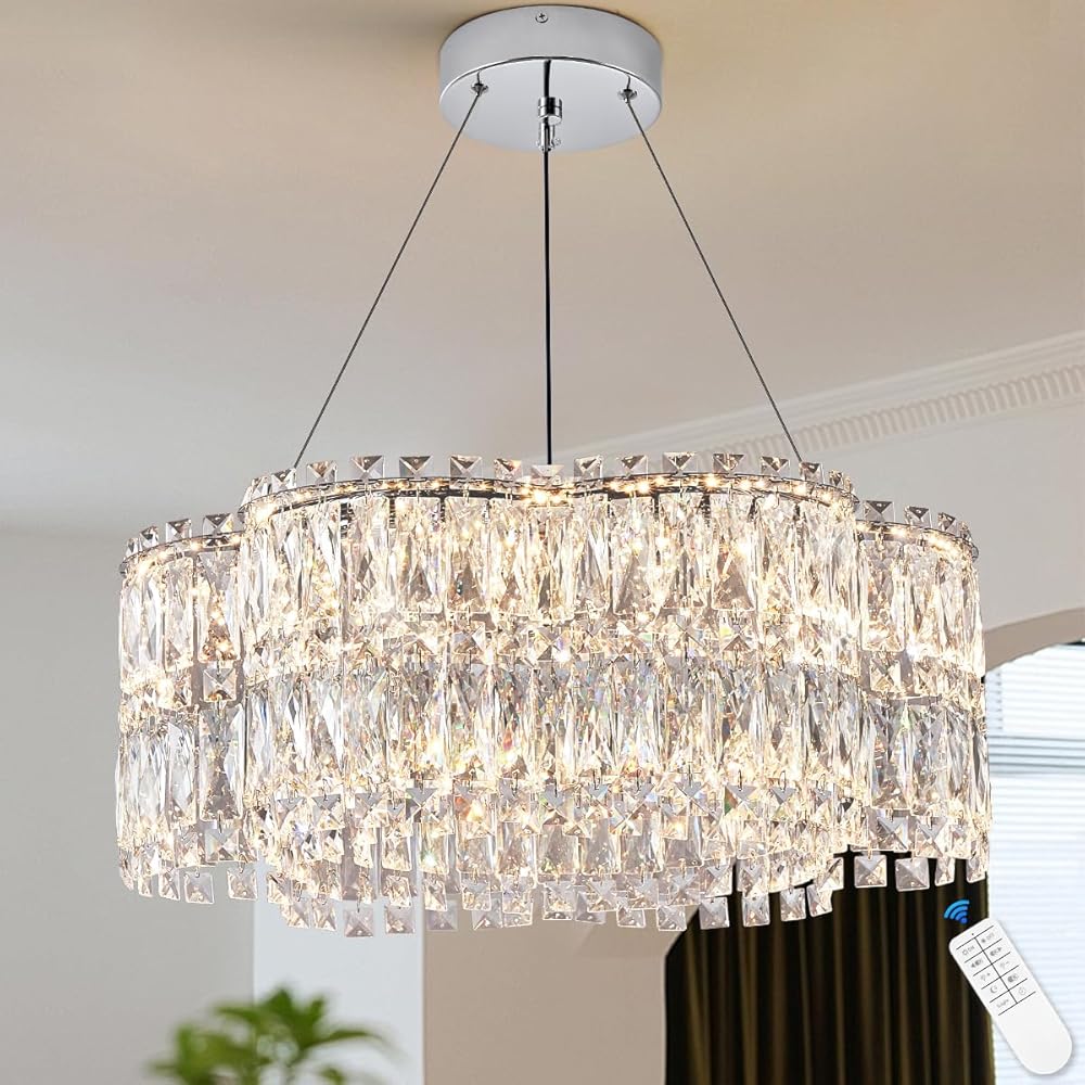 24’’ Crystal LED Chandelier with Remote Control Dimmable 3000-6500K Contemporary Luxury Chandeliers Modern Chrome Light Fixture for Dining Living Room Kitchen Island Foyer Entryway
