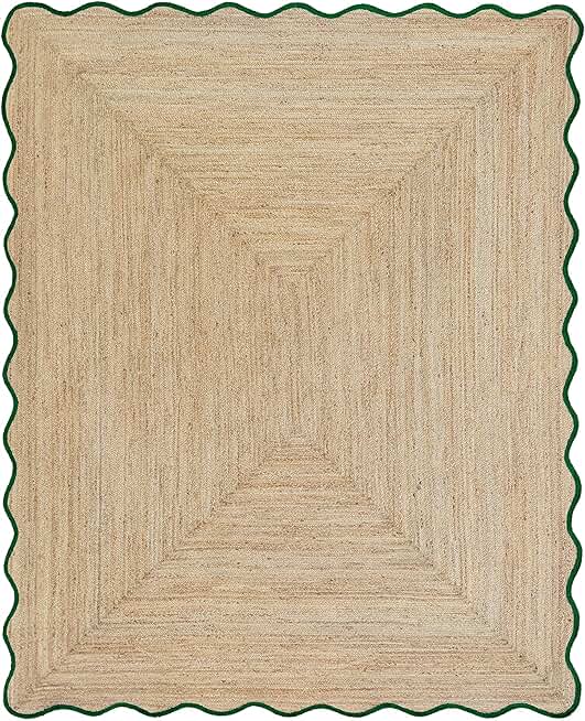 Scalloped Natural Jute Rug, Handcrafted Boho Braided Area Rug, Farmhouse Design Bohemian Reversible Floor Mat Ethnic Throw Rectangular Carpet (10x14 feet)