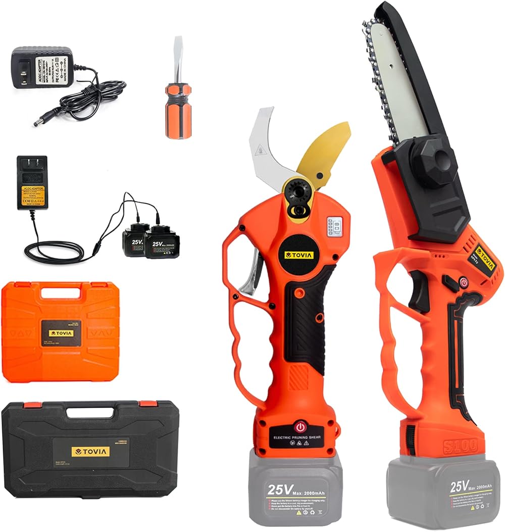 Cordless Electric Pruning Shears and 5'' Handheld Mini Chainsaw, 25V Battery Powered Garden Tree Trimmer and Chain Saw with Brushless Motor, 2 Lithium Battery, 40mm Cutting Diameter, LCD Power Display