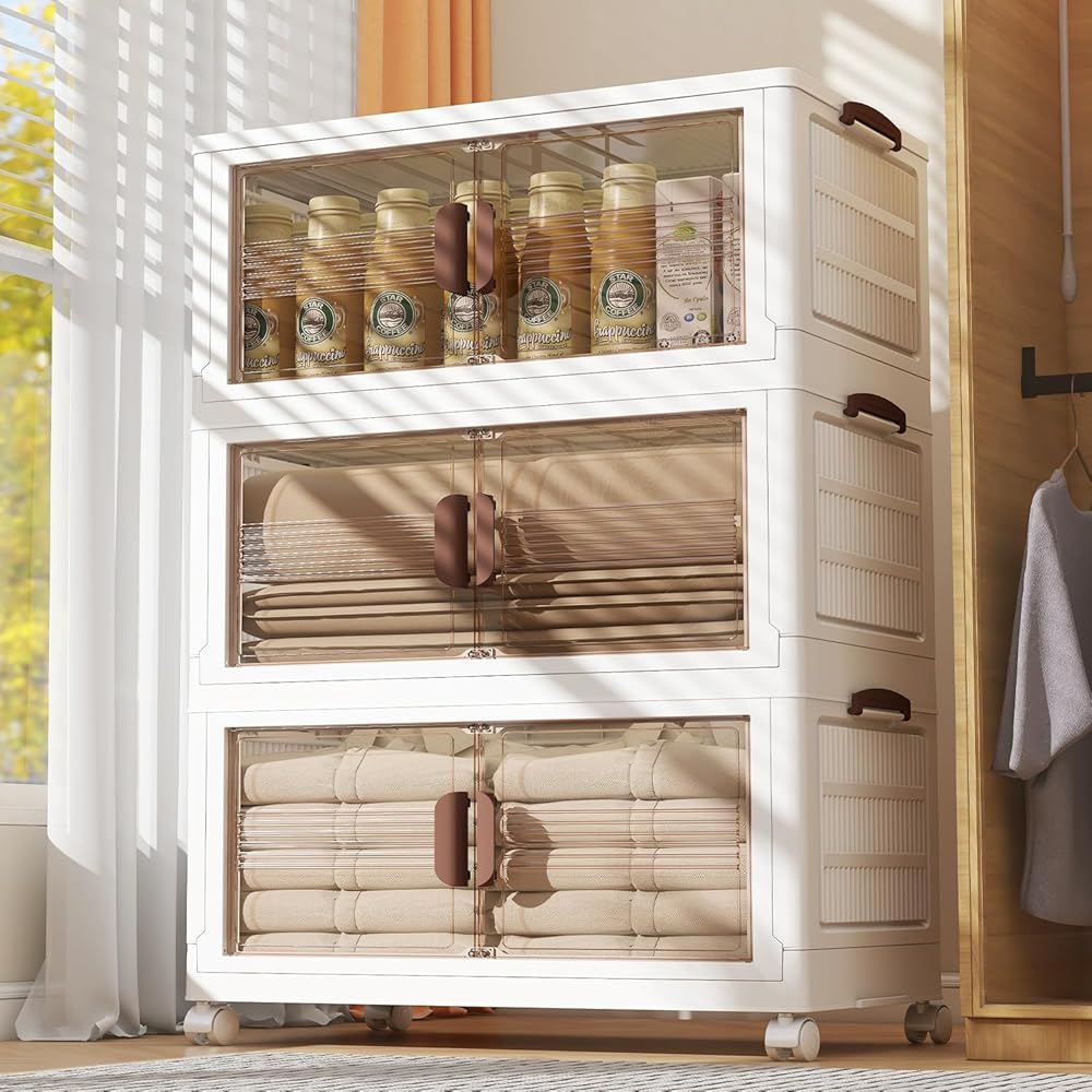 Storage Bins with Lids,104 Quart Collapsible Storage Bins,3 Packs Large Plastic Storage Bins,Closet Organizers and Storage,Double Doors Stackable Storage Bins with Wheels for Home, Ofiice, Dorm Room