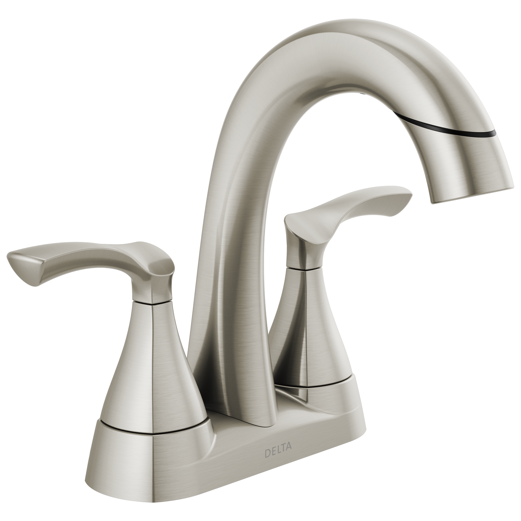 Delta Sandover Pulldown Spotshield Brushed Nickel 4-in centerset 2-handle WaterSense Bathroom Sink Faucet with Drain