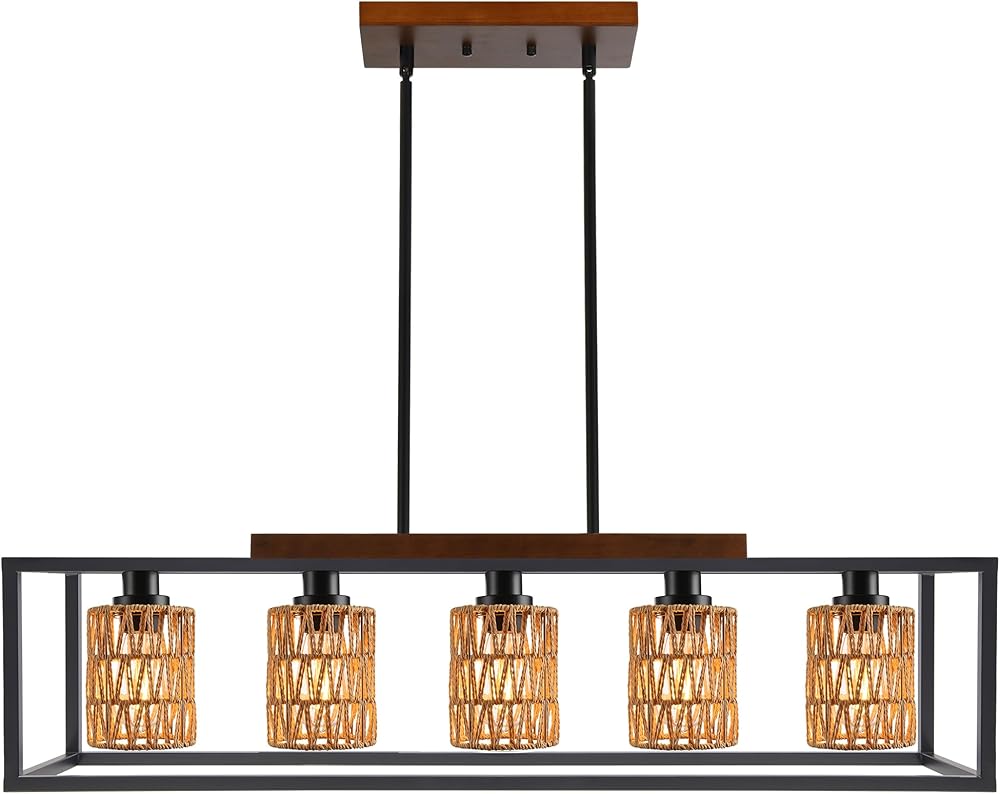 MELUCEE 5-Light Dining Room Chandeliers Boho Style Rattan Pendant Light Linear Kitchen Island Lighting Rustic Black Wood Chandelier for Dining Room Restaurant Bar, Rattan Lamp Shade