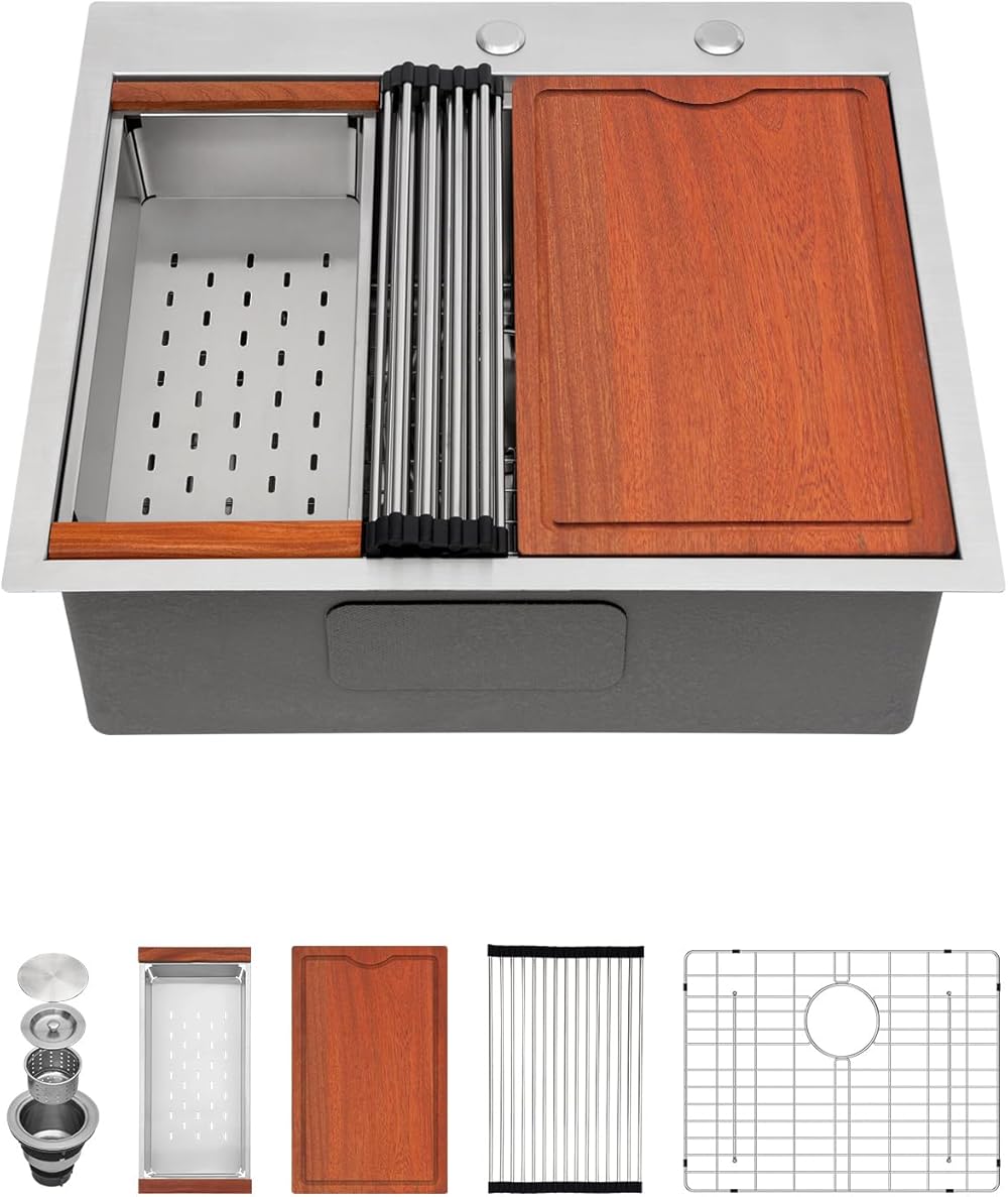 25x22 Drop in Topmount Sink, Lofeyo 25 Inch Kitchen Sink Drop In Stainless Steel 16 Gauge Round Corner Single Bowl Topmount Kitchen Sink Basin and Accessories