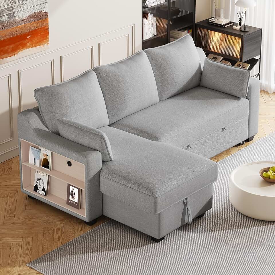 ERYE L-Shape Reversible Sleeper Sectional Couch Pull Out Sofa Bed w/Storage Chaise,Racks and USB Ports,Modern Linen Tufted Upholstered Convertible Sofabed with 2 Pillows for Living Room