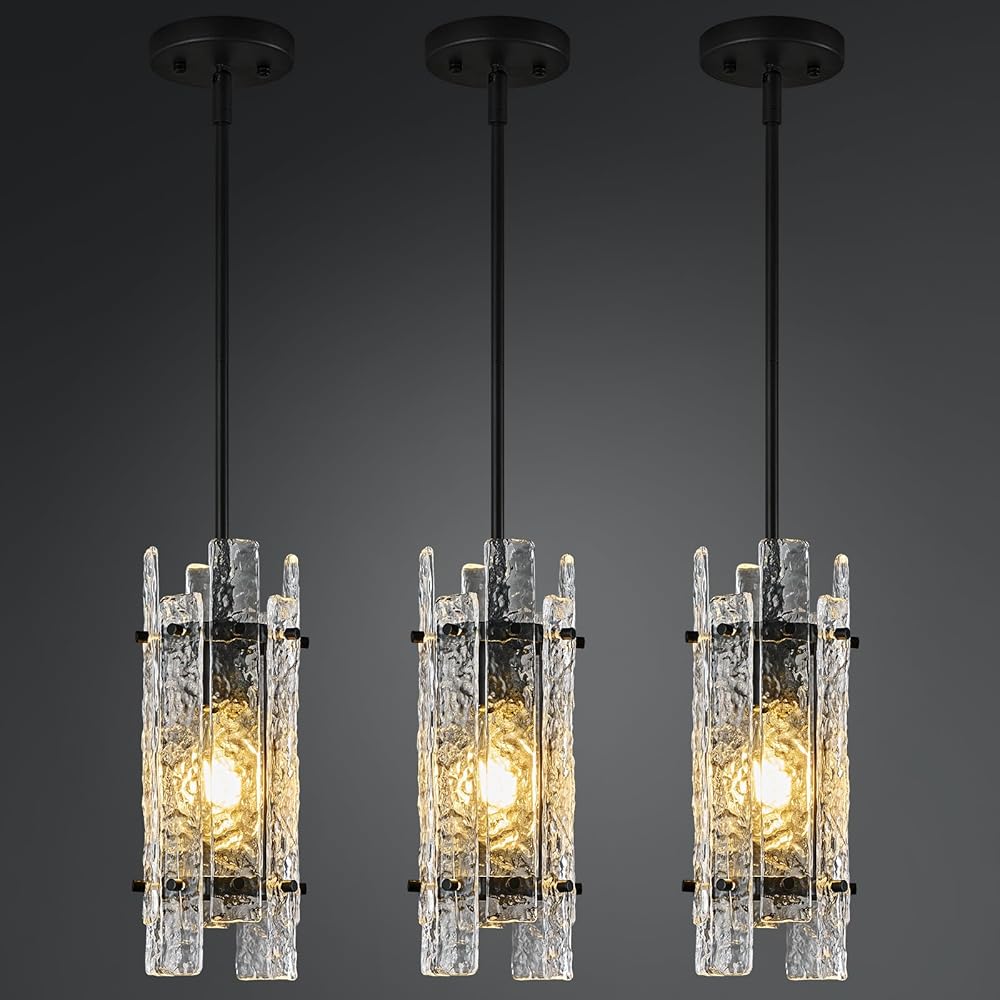 Modern Crystal Pendant Lighting Black Pendant Lights Mini Glass Chandeliers, Adjustable Pendant Light Fixture for Kitchen Island Bedroom Living Room Dining Room Corridor(3Pack)