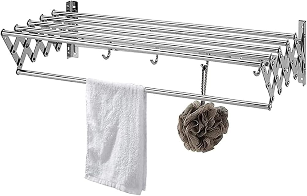 Foldable Laundry Drying Rack for Clothes Airer Wall Mounted Space-Saver Stainless Steel Adjustable Drying Rack Stand Indoor-Outdoor with Hooks Dryer Easy Storage (Size : 100cm/39.4in)