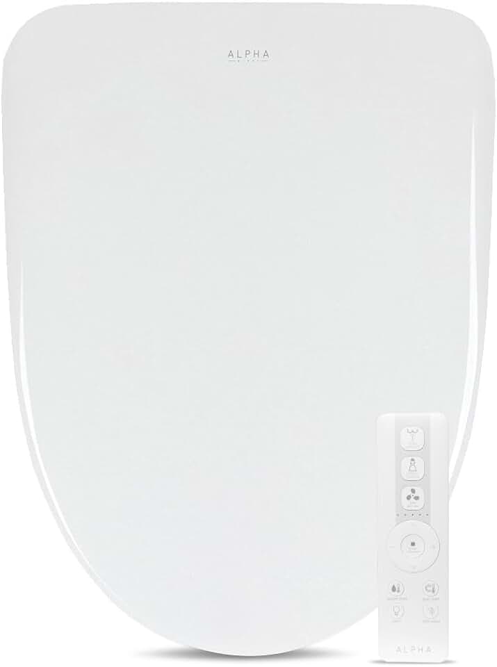 ALPHA BIDET iX Pure Bidet Toilet Seat in Elongated White | Ultra Low Profile | Endless Warm Water | Arced Stainless Steel Nozzle | Blue LED Nightlight | Dryer