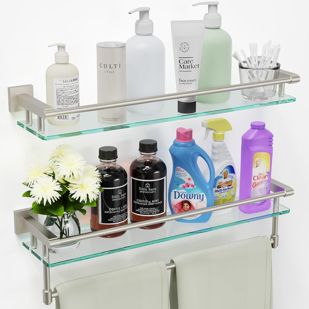 2 Pack Glass Shelf Bathroom Shelves for Bathroom 24inch Rectangular Holder Brackets Stainless Steel Tempered Glass Modern Toilet Storage Stand Mount Accessories Brushed Nickel