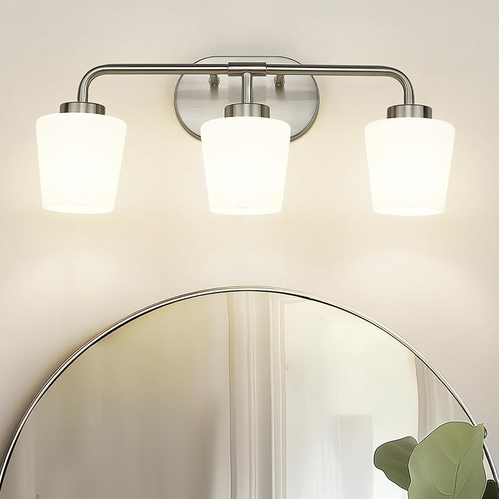 Bathroom Light Fixtures Over Mirror, 3-Light Brushed Nickel Vanity Lighting Fixtures with Milk White Glass, Vintage Farmhouse Wall Sconces Lighting, AD-22004-3W-SN