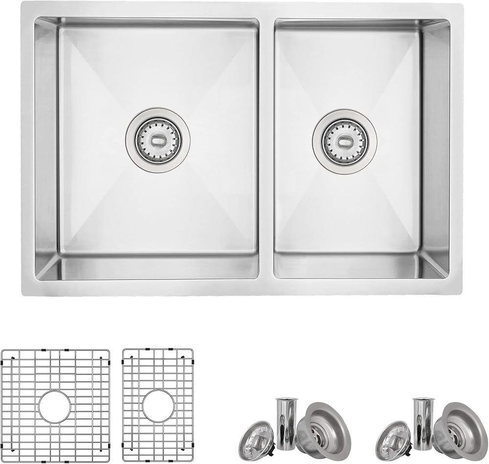 AZUNI 27 x 18 inch Double Bowl 60/40 Undermount or Topmount 16 Gauge Deep Reversible Kitchen Sink with Bottom Grids and Basket Strainers, C227