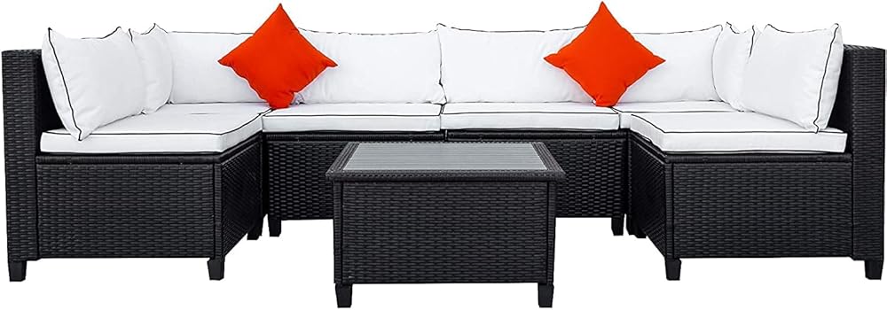 7 Piece Outdoor Garden Modular Wicker Furniture Set, Sectional Rattan Sofa Patio Lounge & Deep Seating Conversation Furnishings with Cushions,Accent Pillows & Coffee Table,White+Black