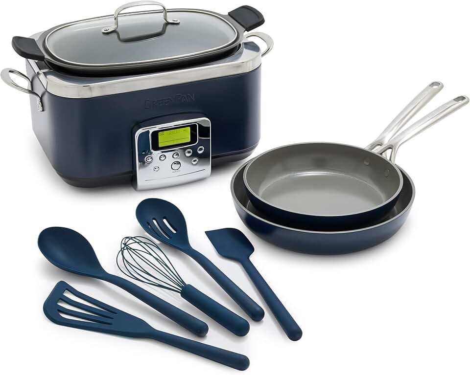 GreenPan GP5 Hard Anodized Healthy Ceramic Nonstick 9.5” and 11” Frying Pan Skillet Set, 8-in-1 Programmable 6QT Electric Slow Cooker, 5-Piece Cooking Utensil Set, PFAS & PFOA-Free, Blue