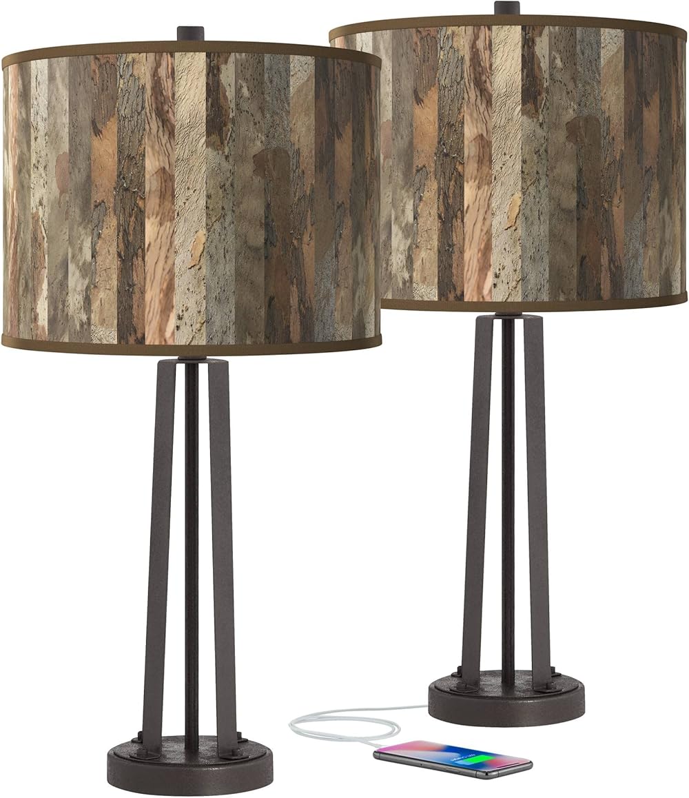 Paper Bark Susan Dark Bronze USB Table Lamps Set of 2 with Print Shade