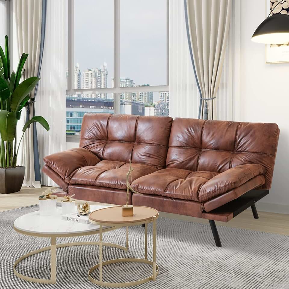 Maxspeed Futon Sofa Bed, Faux Leather Sofa Couch, Modern Convertible Sleeper Daybed with Adjustable Armrests for Studio, Apartment, Office, Small Space, Compact Living Room, Brown