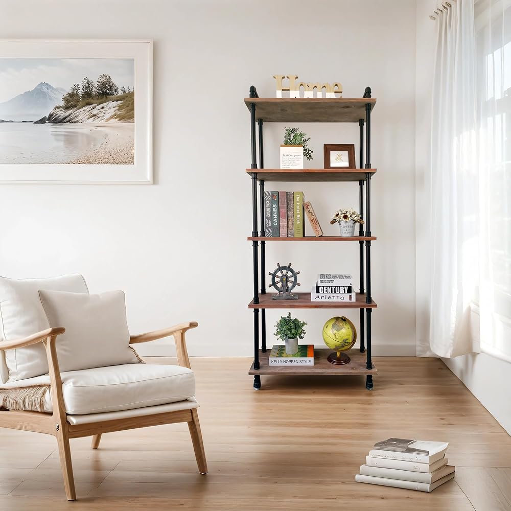 Industrial Bookshelves, Wood Pipe Bookshelf, 5 Shelf Rustic Display Storage Tall Standing Shelf Bookcase for Living Room, Kitchen, Office (Weathered Brown, 29.5