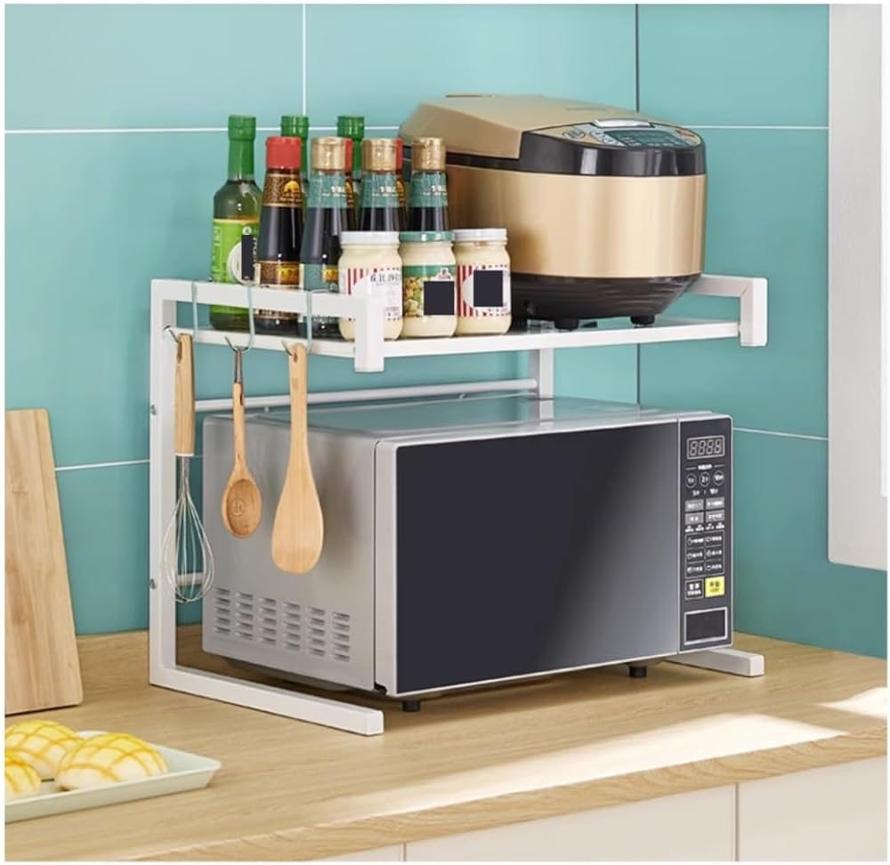 Microwave Stand Microwave Oven Rack Extendable Microwave Oven Rack Adjustable Microwave Stand With 3 Hooks Kitchen Counter Microwave Shelf Microwave Rack Microwave Oven Stand (Color : Black) (White