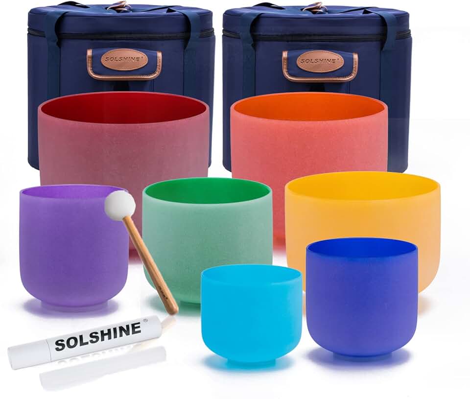 SOLSHINE Set of 7 Colored Crystal Singing Bowl 6''-12'' For Meditation Sound Healing with 2 Travel Carry Case Bag and Singing Bowl Mallets