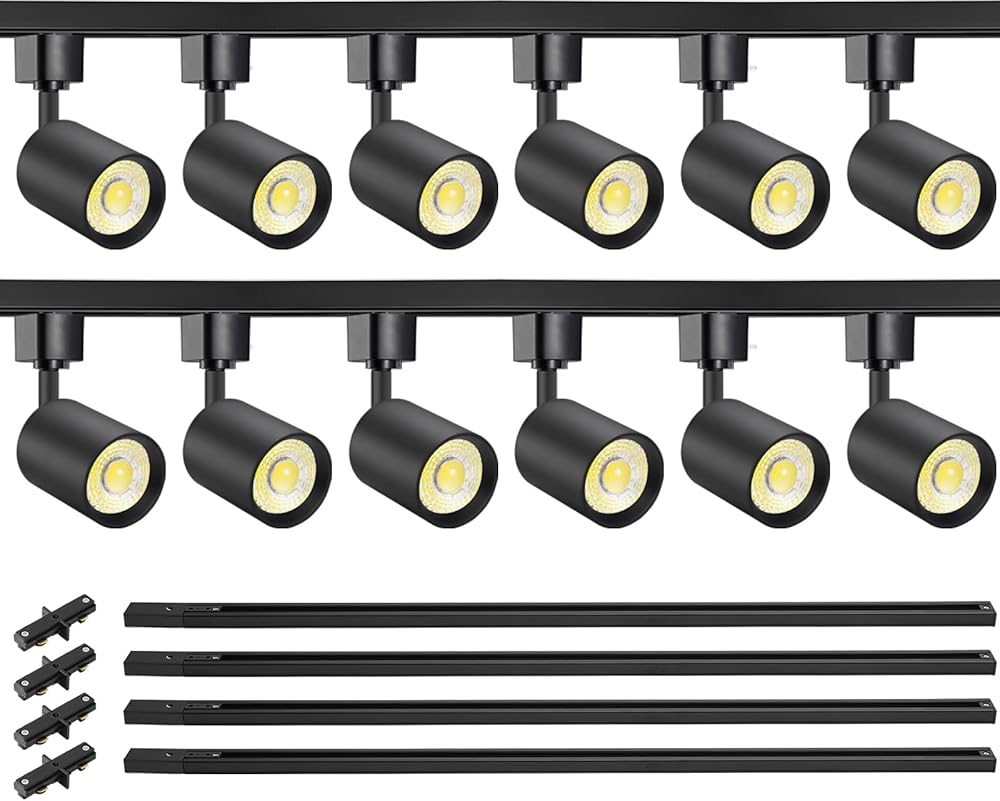 VANoopee 12-Light LED Track Lighting Kit with 13FT H Type Track Lighting Rail, Dimmable LED Track Light Heads Modern Kitchen Track Lighting Fixtures Ceiling Spot Light 3000K 24° CRI90+ 10W 800lm Black