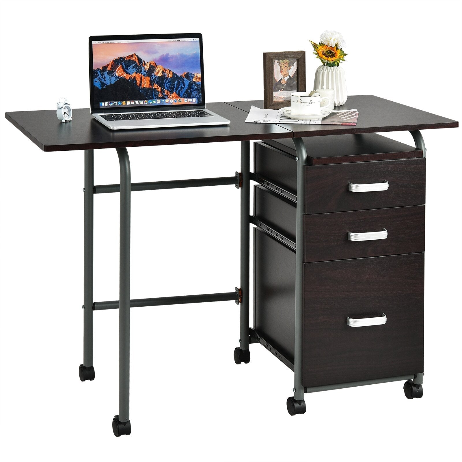 Folding Computer Laptop Desk Wheeled Home Office Furniture w/3 Drawers