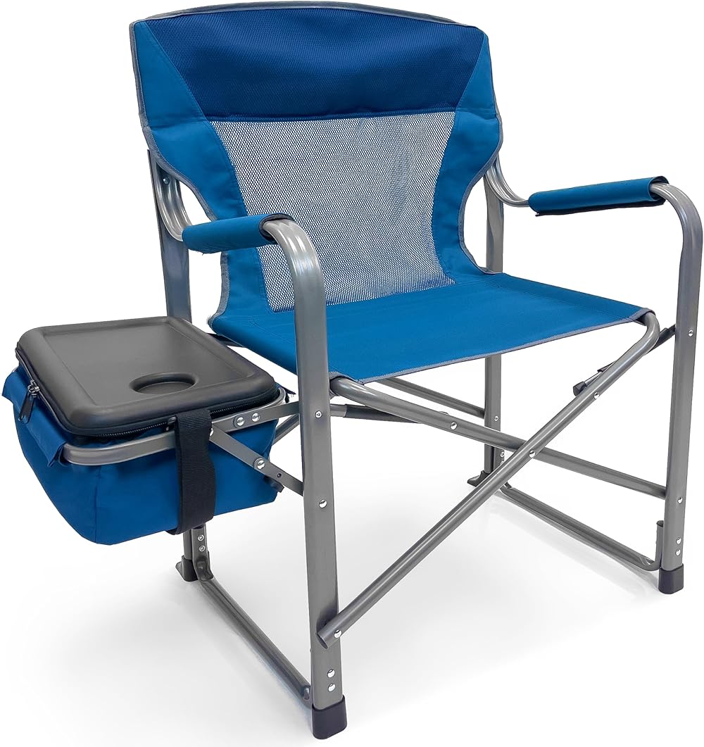 RMS XXL Extra Wide Folding Director Chair – Supports 600lbs Weight - Heavy Duty for Camping, Home Patio and Sports - Portable and Collapsible with Side Table, Cooler and Carrying Bag - Blue
