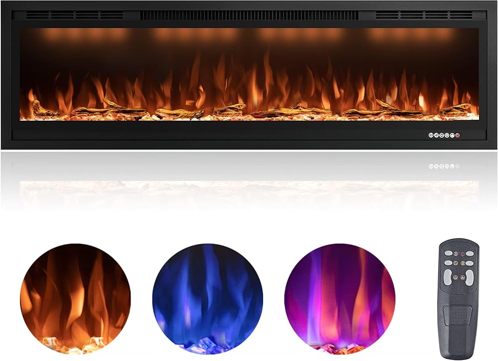 Electric Fireplace Insert, 60 Inches Wall Mounted and Recessed Fireplace Heater with Top Lights, Log &Crystal, Remote Control & Touch Panel, 9h Timer, 750/1500w, Black