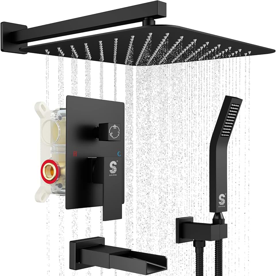SR SUN RISE 16 Inches Tub and Shower Faucet Combo All Metal Shower System with Tub Spout 1.8GPM Bathtub Faucet Set Shower Head and Handheld Shower Fixture, Modern Valve and Trim Kit, Matte Black