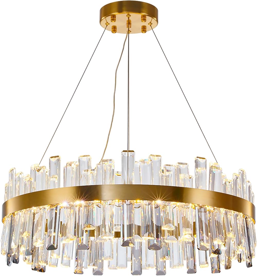 WABON Modern Crystal Chandelier, Luxury LED Gold Chandelier Plated Crystal Hanging Ceiling Light Fixture, Adjustable Pendant Chandiler for Dinning Rooms Living Room Foyer Dia 23.6