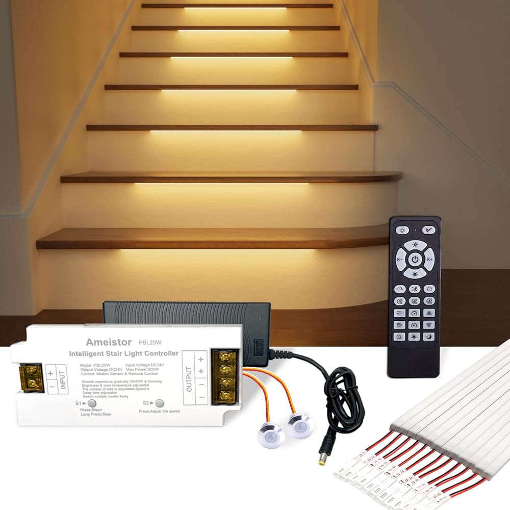 Intelligent Motion Sensor Stair Lights Indoor, LED Step Lights Staircase Lighting Kit with Remote Control, 20.4 Inch Aluminum LED Light Bar, Dimmable, 3000K-6000K (16 Stairs)