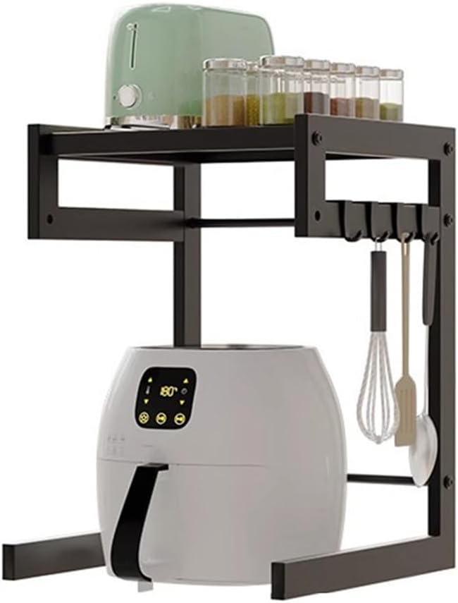 2 Tier Microwave Oven Rack Shelf, Adjustable Microwave Stand with 4 Hooks, Freestanding Microwave Oven Stand Rack, for Microwave, Oven,Countertop Storage Organizer,Black