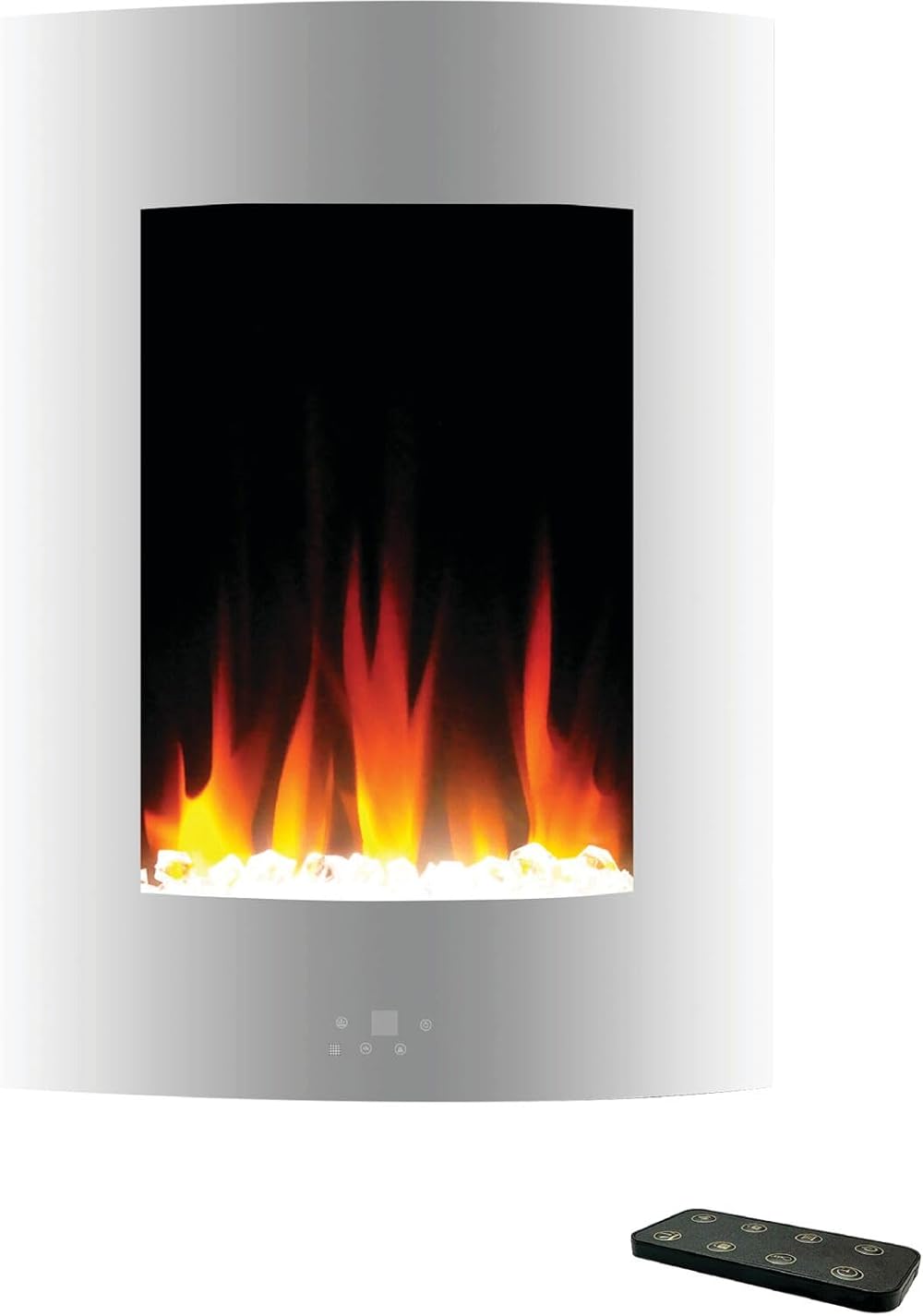 Cambridge 27 Inch Tall Vertical Wall Mounted Curved Panel Electric Fireplace Heater with LED Multicolor Flames, Crystal Rocks, Remote Control for Living Room, Bedroom, Home Office, White