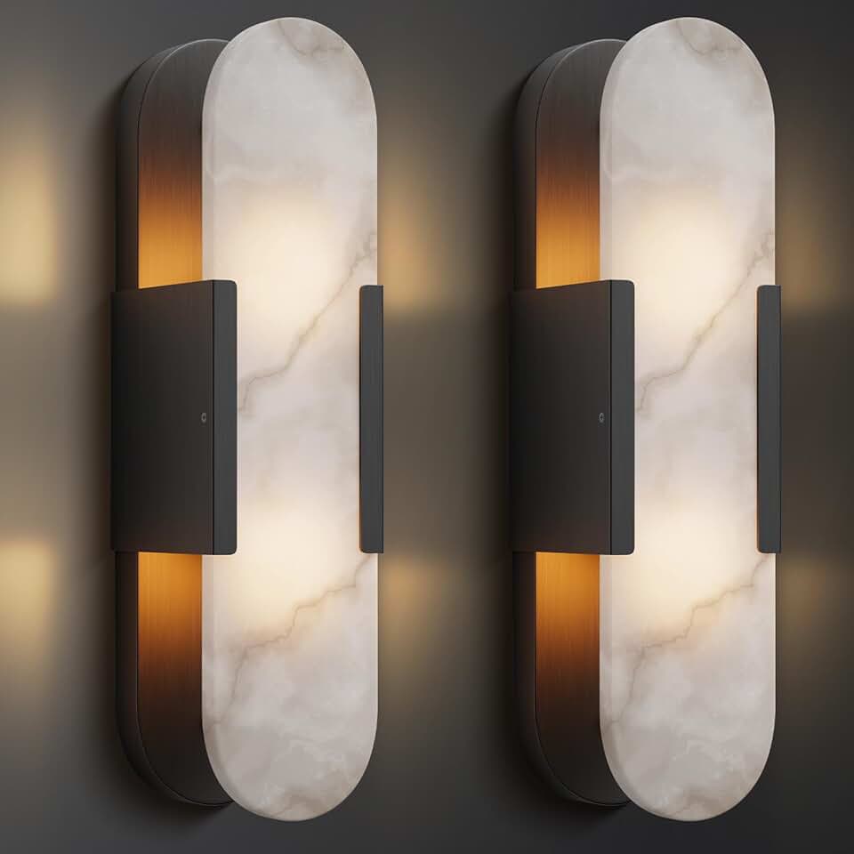 Wall Sconces Set of 2, Alabaster Wall Light, 19.7'' Indoor Vanity Light Fixtures for Bathroom,Matte Black Bedside Wall Lamp Perfect for Hallway, Living Room