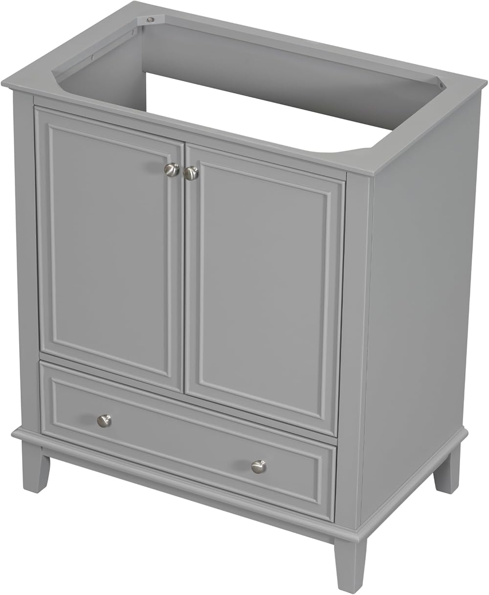 Dolonm 30 inch Bathroom Vanity without Sink, Vanity Base Only, Multi-Functional Bathroom Vanity Cabinet with Doors and Drawer, Solid Frame and MDF Board, Grey