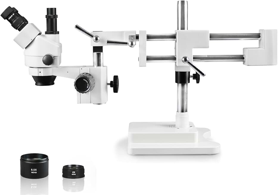 Parco Scientific PA-5FZ Simul-Focal Trinocular Zoom Stereo Microscope, 10x WF Eyepiece, 0.7X—4.5X Zoom, 3.5X—90x Magnification, 0.5X & 2X Auxiliary Lens, Double Arm Boom Stand