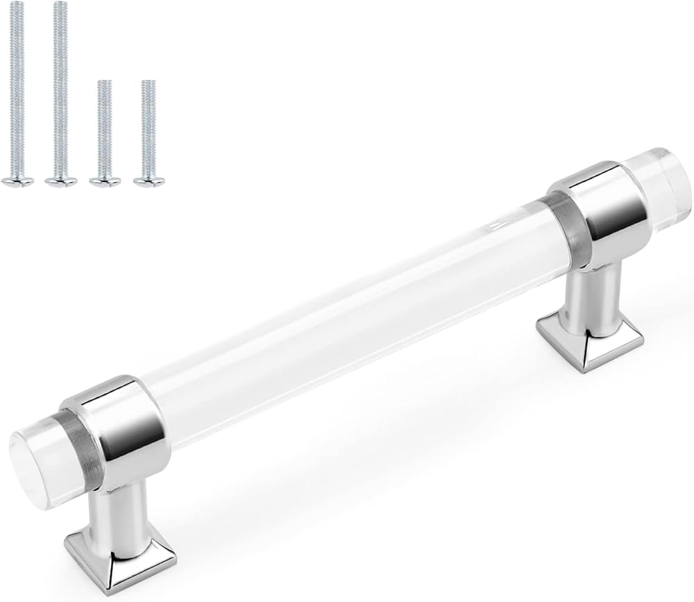 Probrico 30 Pack Zinc Alloy with Clear Acrylic Cabinet Handles 4 Inch Hole Center Drawer Pulls Modern Polished Chrome Cabinet Pulls for Kirtchen and Bathroom Cabinets