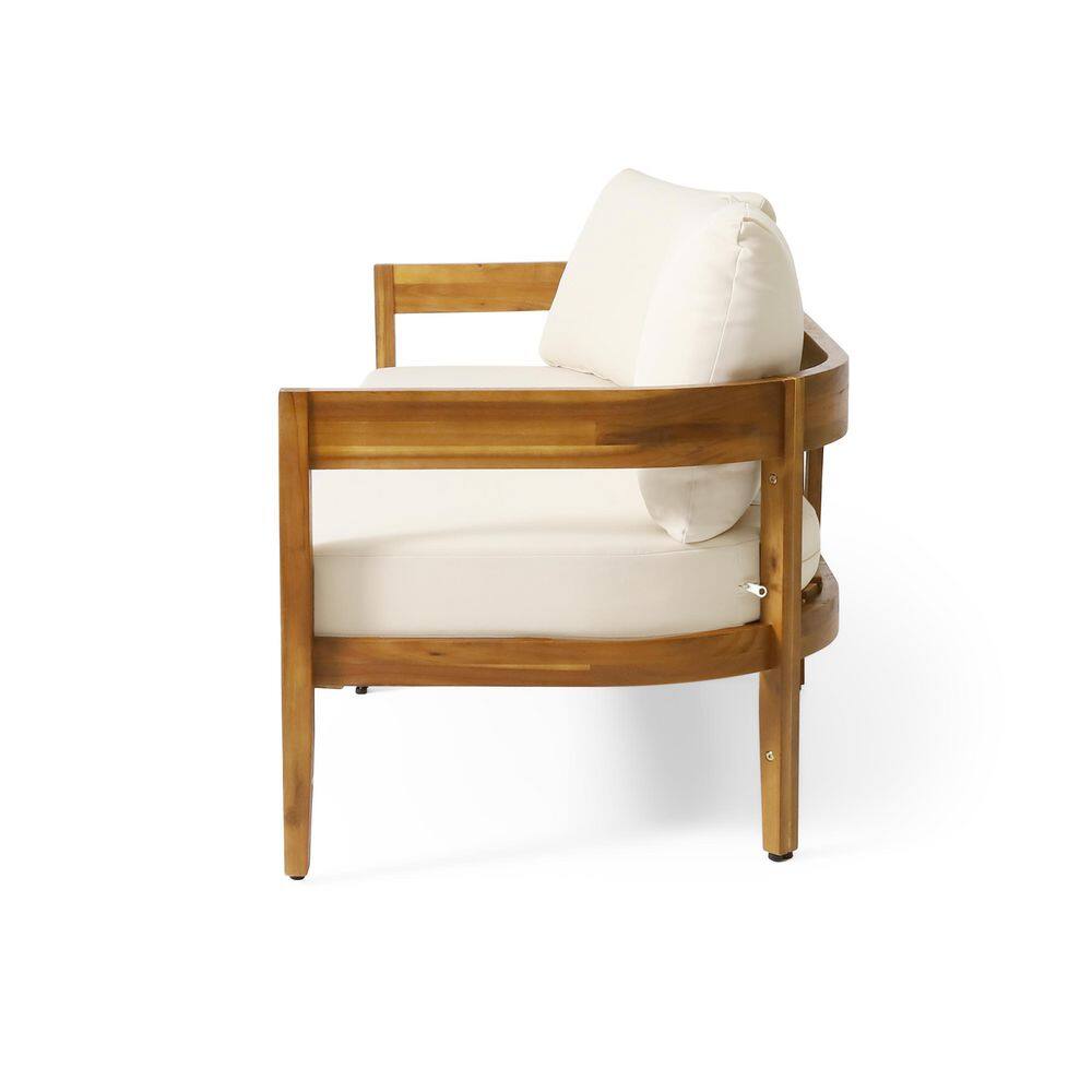 Noble House Burrough Teak Wood Outdoor Couch with Beige Cushions