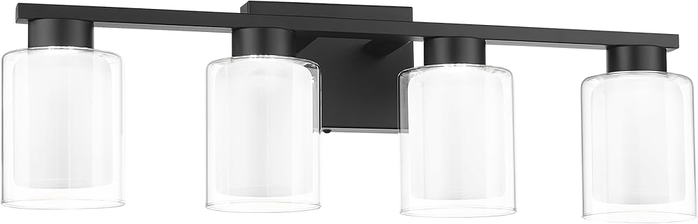 kudos 4-Light Bathroom Light Fixtures, Black Vanity Lights with Clear Glass and Frosted Glass, Modern LED Wall Sconces for Bathroom, 3000K/4000K/5000K Adjustable, KDVL04-BK-4