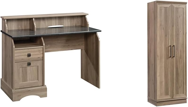 Sauder Graham Hill Desk and HomePlus Storage Cabinet Bundle, Salt Oak Finish