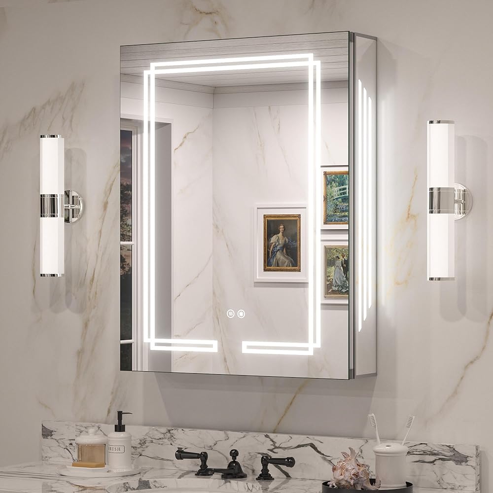 TETOTE Medicine Cabinet Bathroom LED Mirror 24x32 Inch 3 Colors Stepless Dimming Anti-Fog Memory Funtion Surface Recessed Wall Mounted Medicine Cabinets