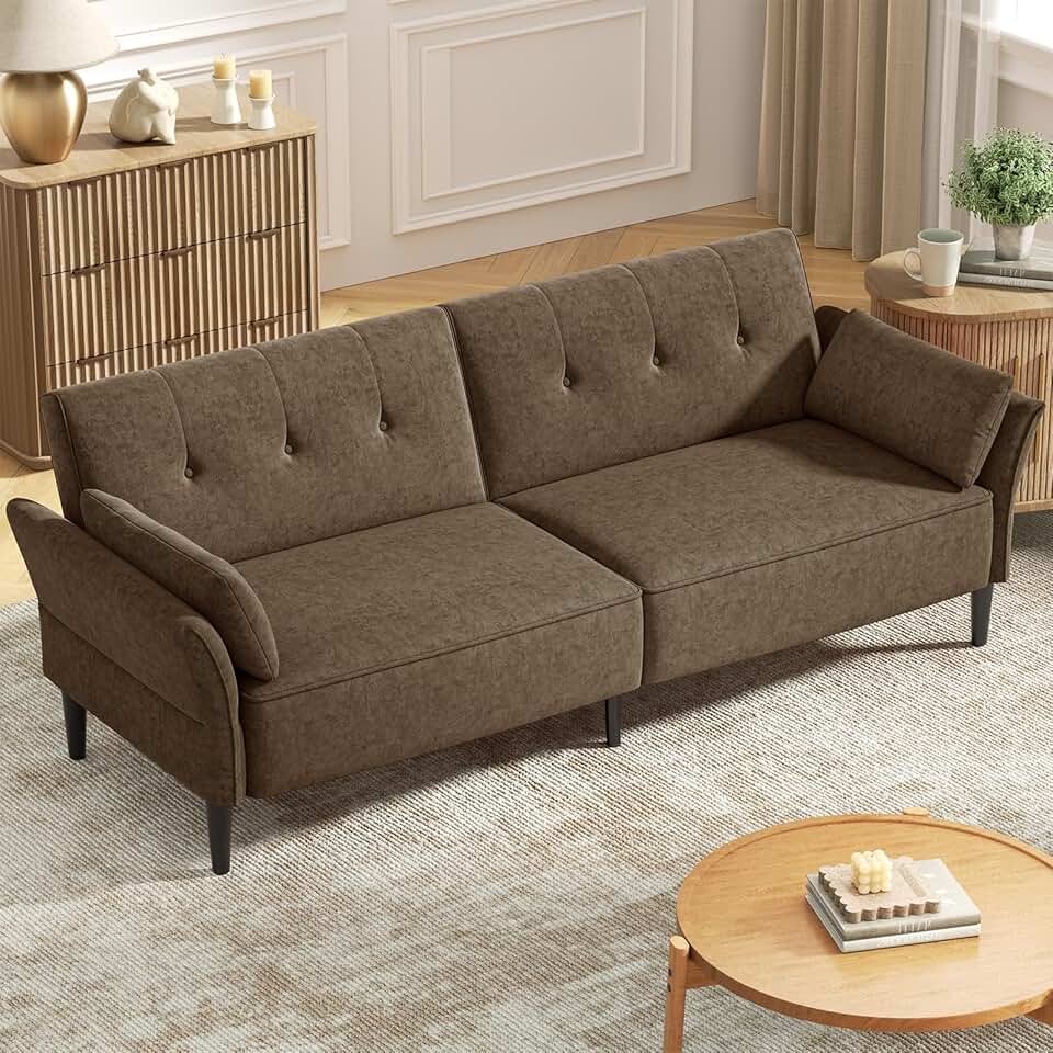 89” Futon Sofa Bed, Velvet Fabric Comfy Futon Couch Bed with 2 Square Pillows, Convertible Sleeper Sofa with Adjustable Backrest& Armrests, Modern Loveseat Sleeper for Living Room, Brown
