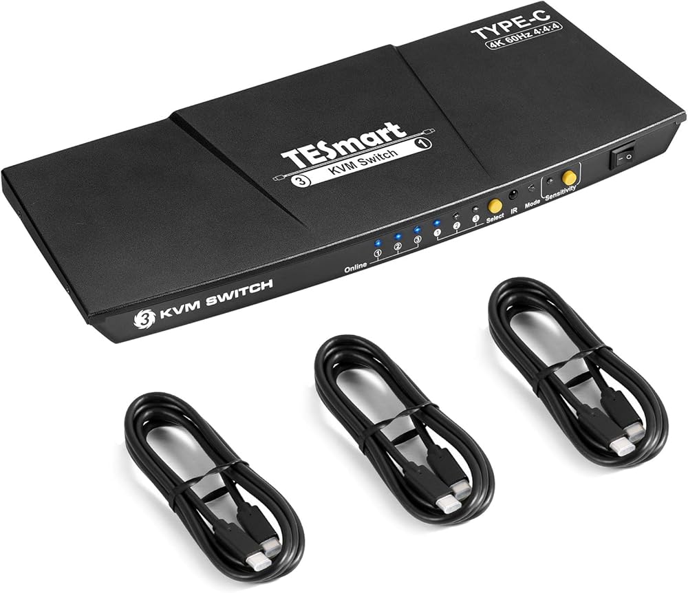 TESmart USB-C KVM Switch 3 in 1 Out, for 3 Computers and 1 Monitors, 4k@60 Hz, Supply Power to The Laptop Connected to Port 1, Type-C KVM