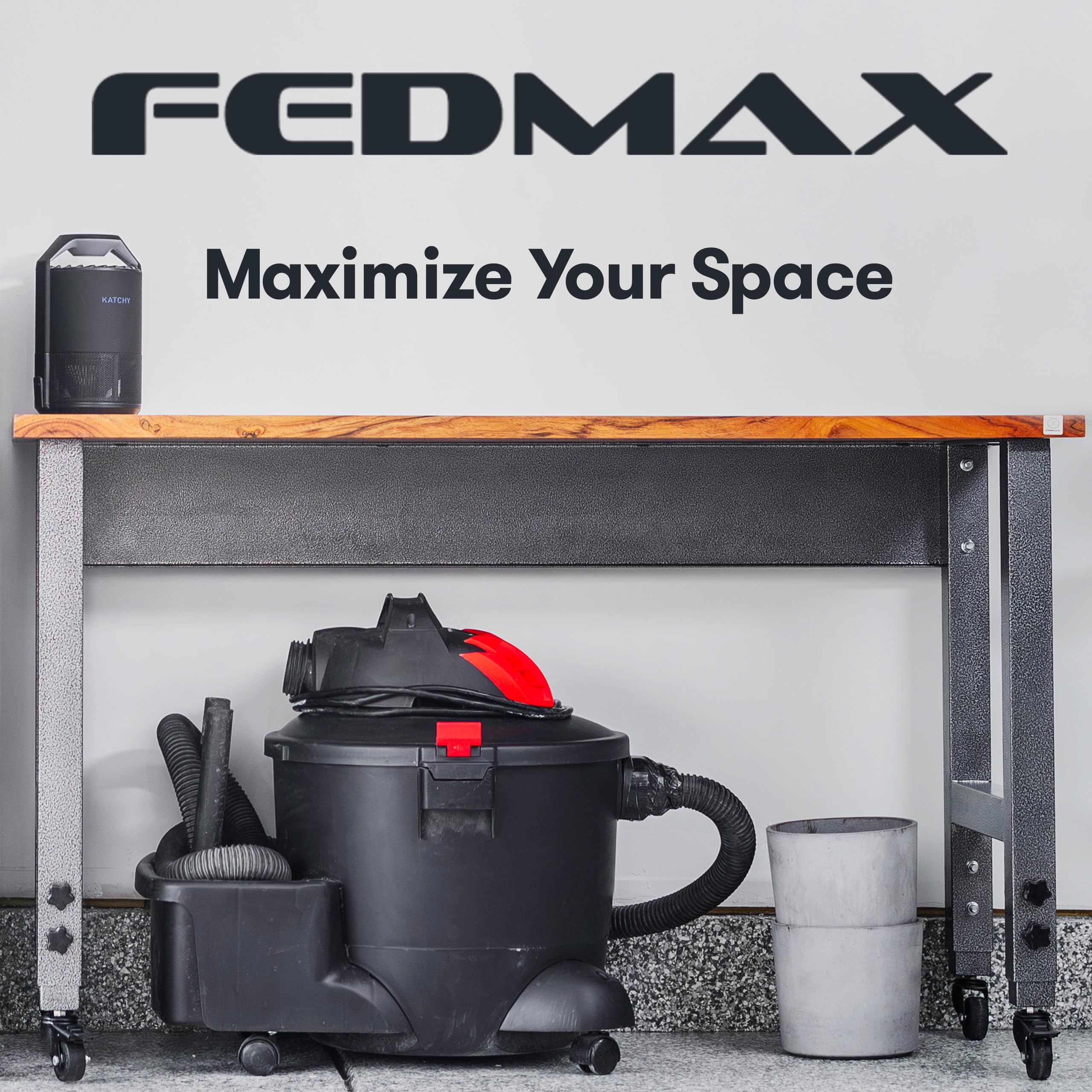 Fedmax Work Bench   61  Rolling Portable Workbench for Garage   Metal with Acacia Hardwood Top, Adjustable Legs