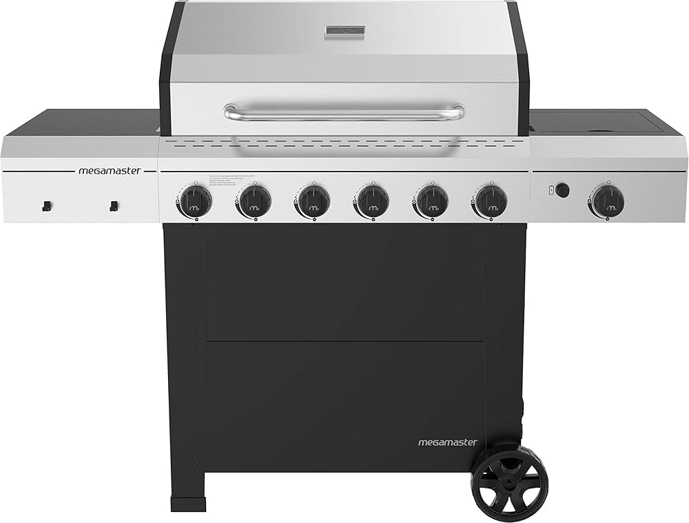 720-0983C Premium 6 Burner Propane Barbecue Gas Grill with Side Burner, Outdoor Cooking, Patio, Garden Barbecue Grill, With Side tables, Silver and Black