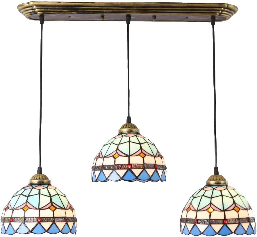 3-Light Cluster Pendant Lighting Ceiling Fixture Tiffany Stained Glass Hanging Lamp, Rustic Chandelier Ceiling Lights for Kitchen Island Dining Room Balcony Farmhouse