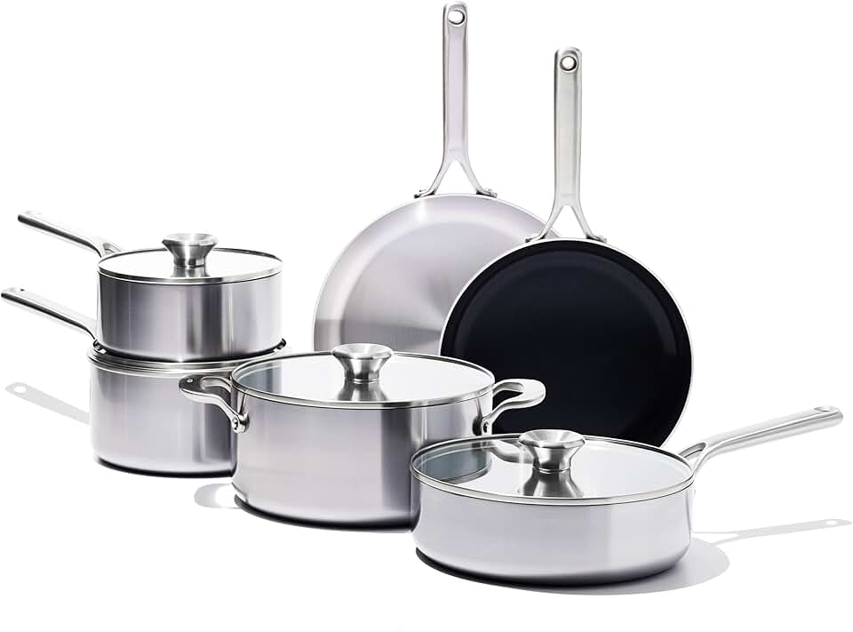 OXO Mira Tri-ply Stainless Steel, 10 Piece Cookware Pots and Pans Set including Ceramic Nonstick Frying Pan, Induction, Multi Clad, Dishwasher and Metal Utensil Safe